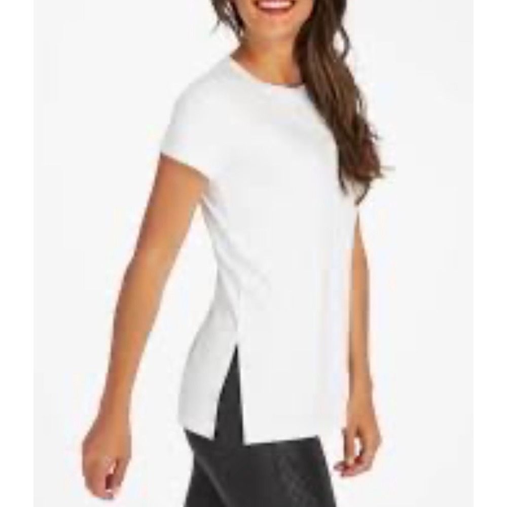Spanx Perfect Length Tee White Short Sleeve Crew Neck Side Slit Top Large‎